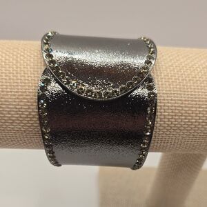 Rhinestone And Gunmetal Leather Bracelet
